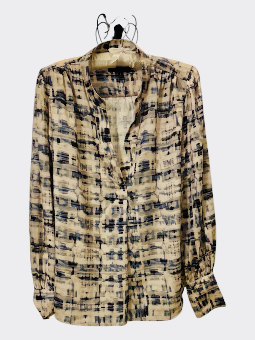 Banana Republic Blue Abstract Print Blouse Large | Sheer Career Office Top